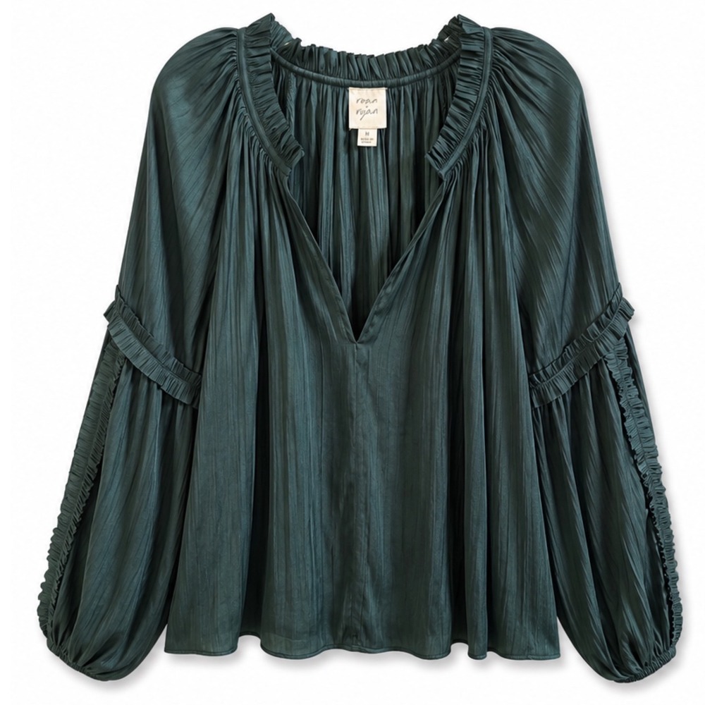 Roan + Ryan Dark Green Plissé Peasant Blouse Romantic Boho Fairy Core Top M - Picture 2 of 6